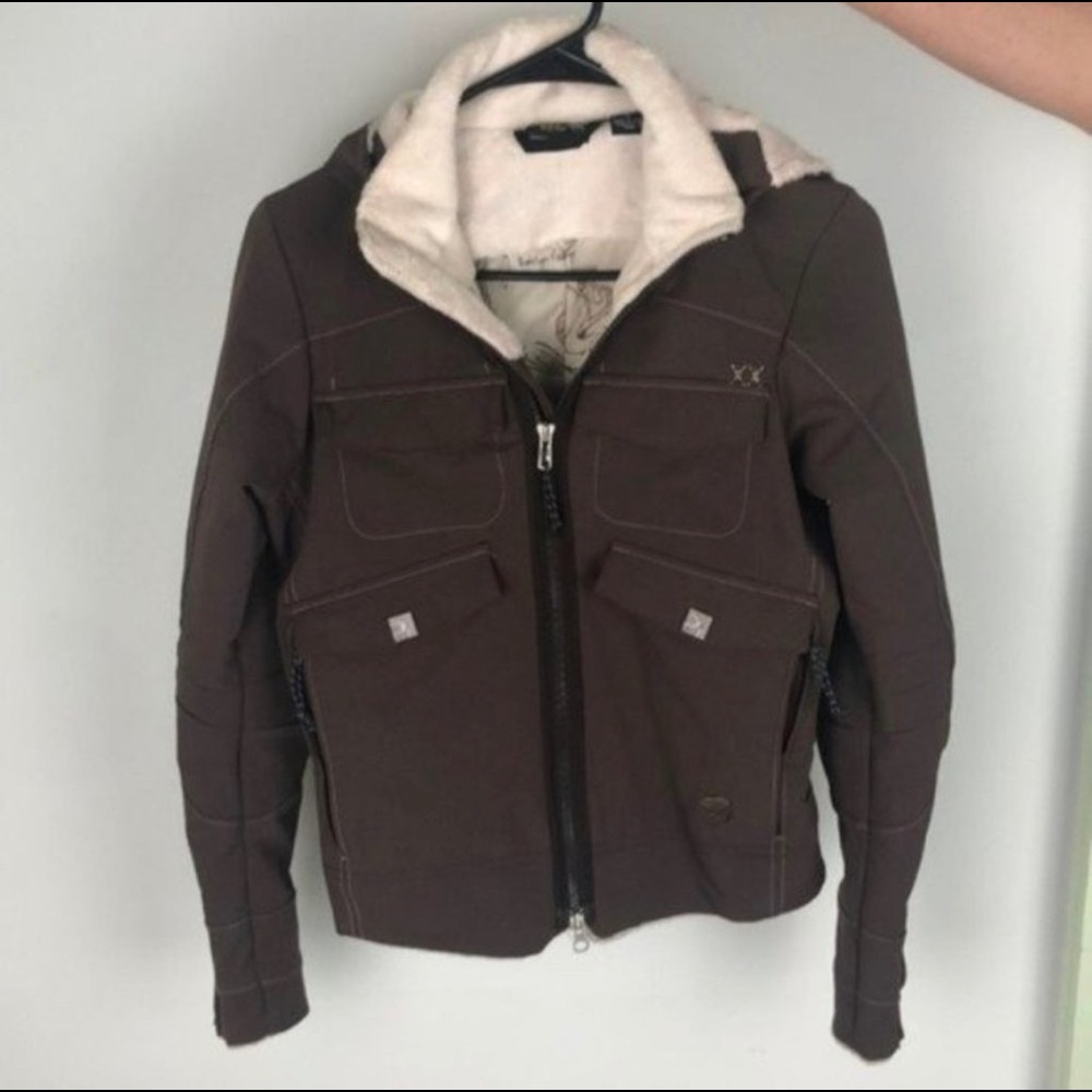 MOUNTAIN HARDWEAR brown lightweight shearling collar jacket us size XS